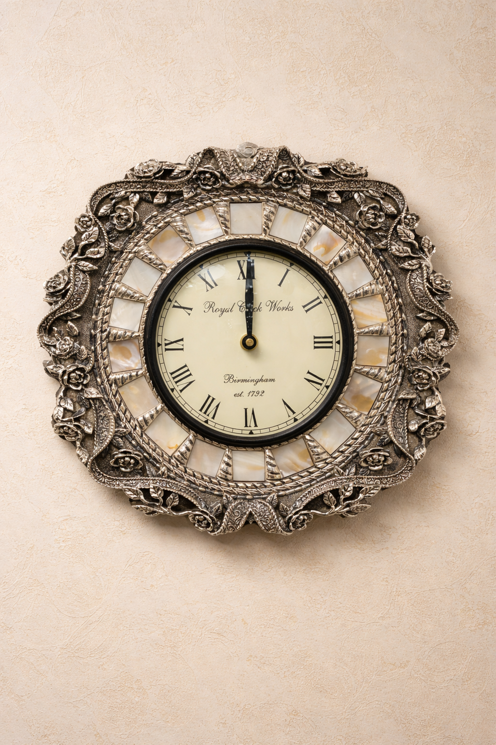 Silver Wall Clock with Mother of Peal detailing