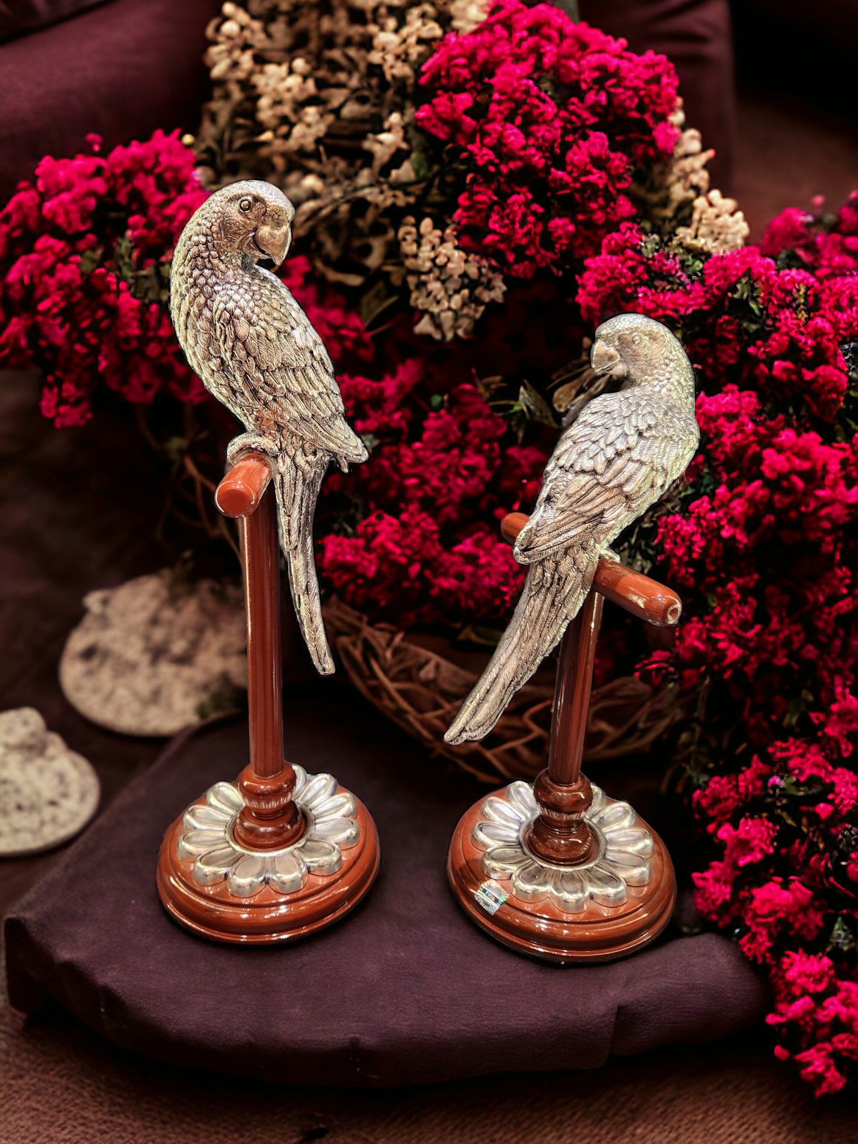 Silver Parrot on Wood Stand
